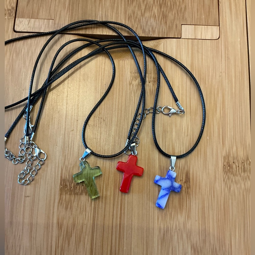 Trio of Cross stone Pendant Necklaces 22” total length